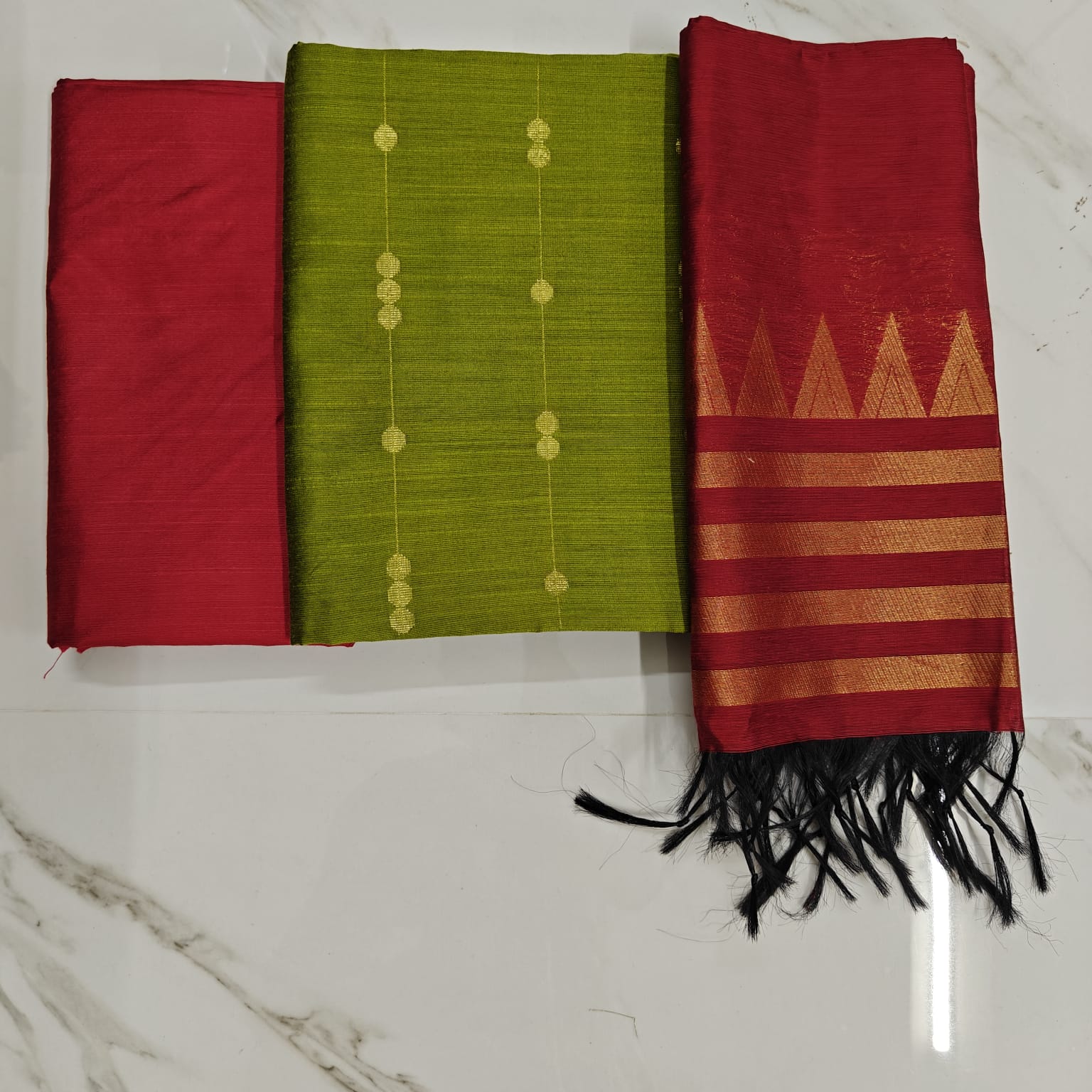 Raw Silk Salwar Materials - olive green chain design top, red plain pant & red tower duppata&