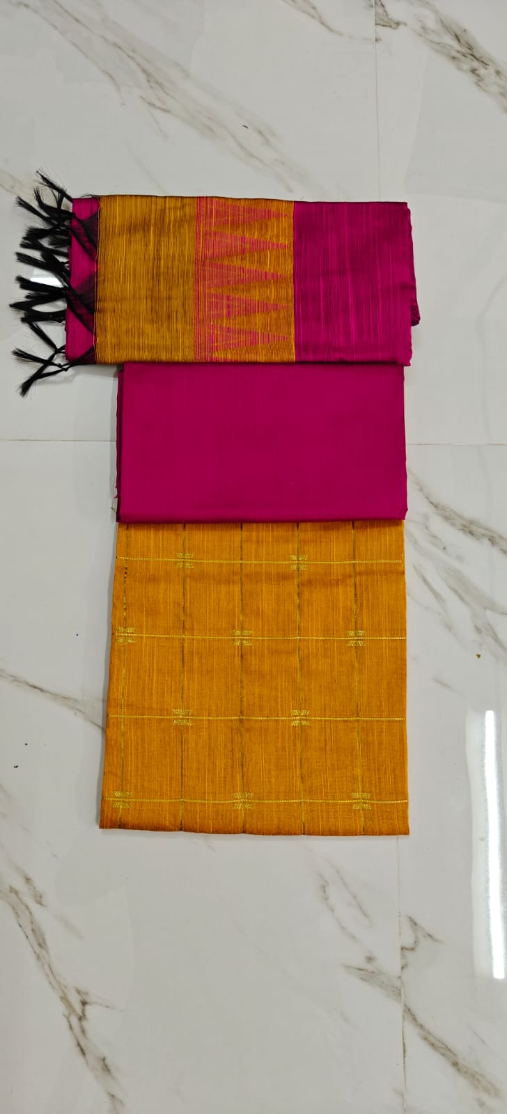 Raw Silk Salwar Materials - GOLD FLOWER CHECKED, RANI PINK PLAIN PANT &  RANI PINK DUPPATA WITH GOLD TOWER BORDER