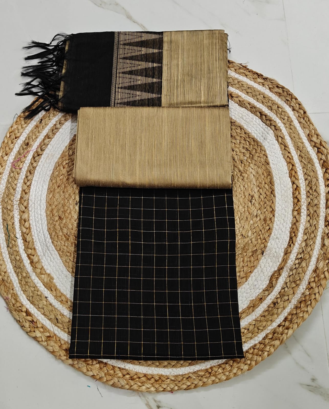 Raw Silk Salwar Materials - BLACK SMALL CHECKED TOP, TUSSER PLAIN PANT & TOWER BLACK BORDER TUSSER DUPPATA