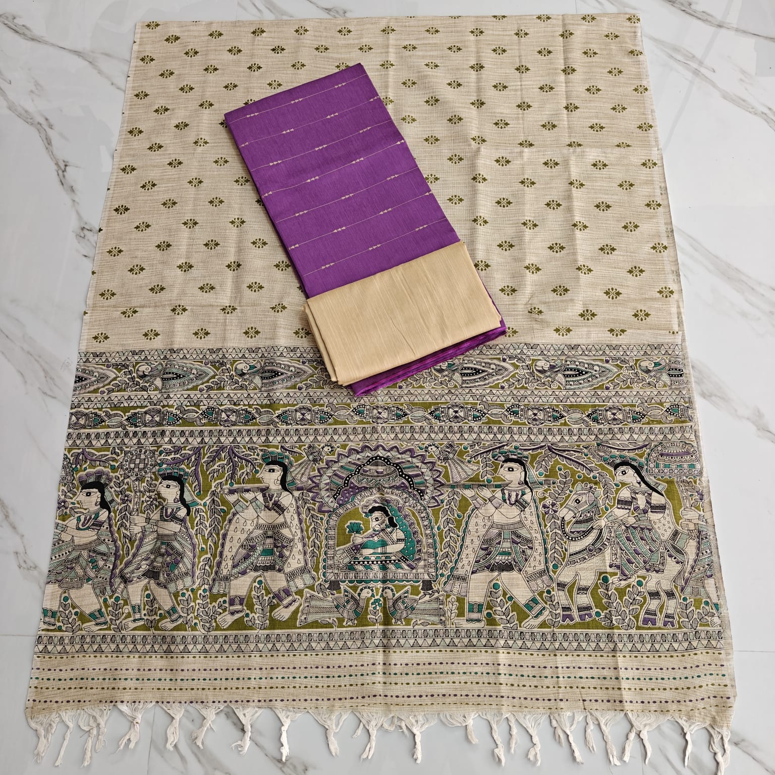 RAW SILK WITH KALAMKARI PRINTED DUPPATA - lavender zari arrow top set