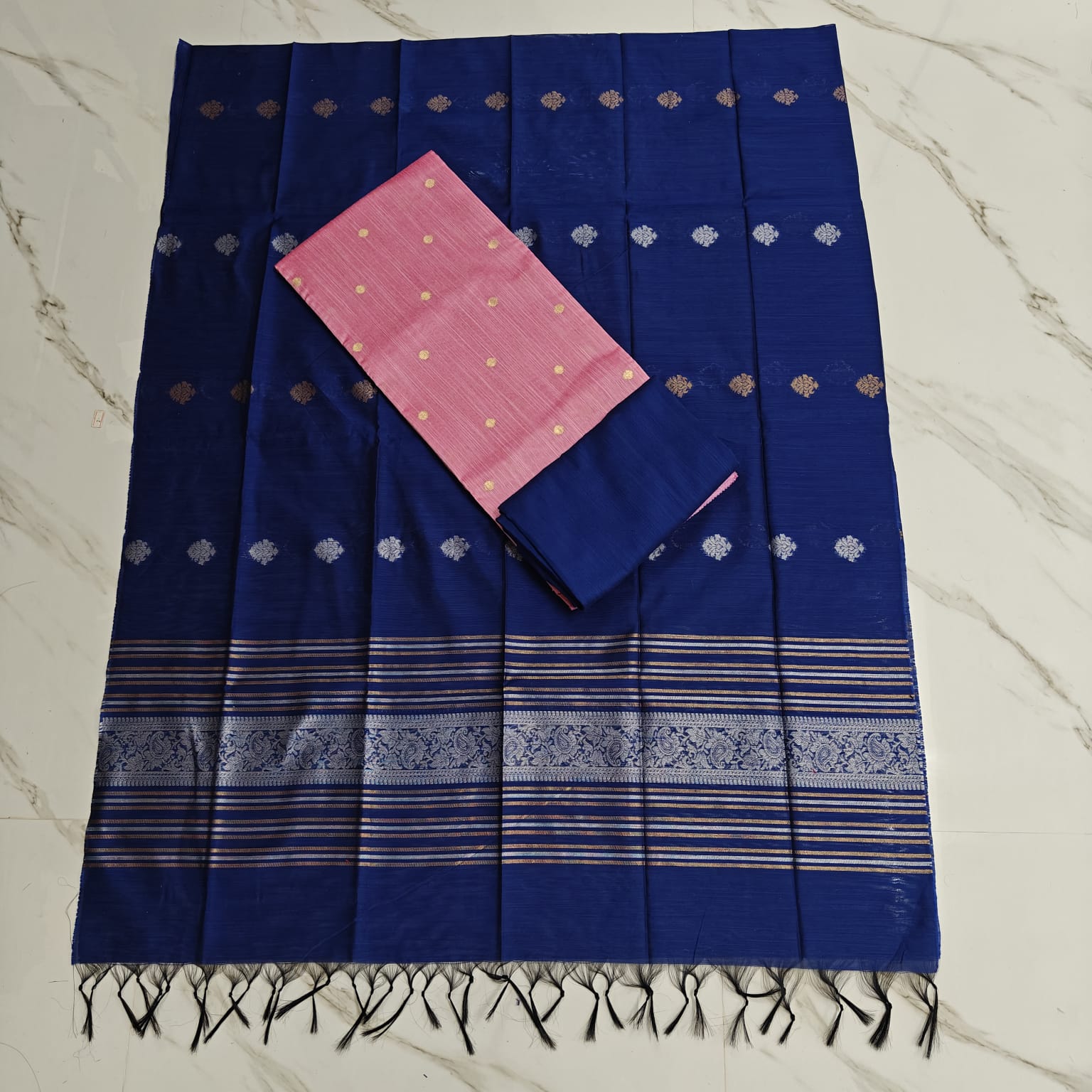 JAQUARD DUPPATA & RAW SILK SET - light pink round butta top & royal blue shawl