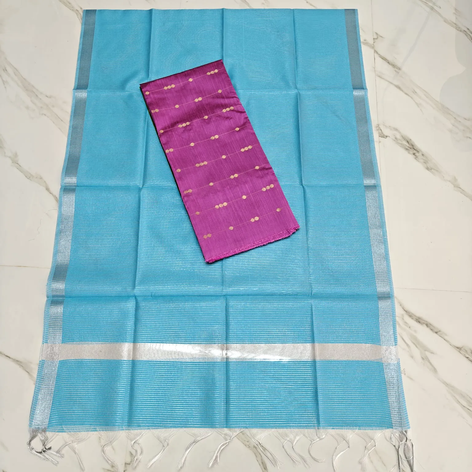 RAW SILK TOP & LIGHT SKY BLUE BANARASI DUPATTA