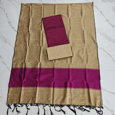 Raw Silk Salwar Materials - MAGENTA SMALL CHECK TOP & PLAIN SET