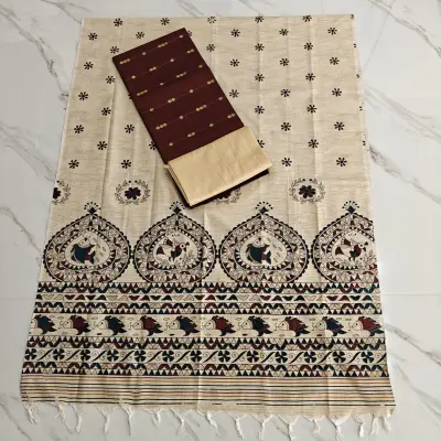 RAW SILK WITH KALAMKARI PRINTED DUPPATA - COFFE BROWN 3 ROUND BUTTA
