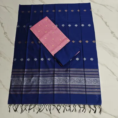 JAQUARD DUPPATA & RAW SILK SET - light pink round butta top & royal blue shawl