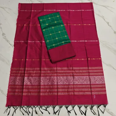 JAQUARD DUPPATA SET & raw silk set - RANI PINK DUPATTA & GREEN FLOWER CHECKED RTOP