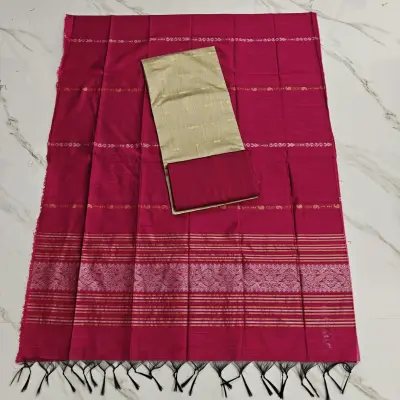 JAQUARD DUPPATA SET & raw silk set -RANI Pink jaquard duppata with cream colour 3 round butta top