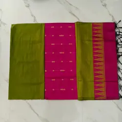 Raw Silk Chudi Material -   Rani pink chain round butta Top, olive green pant and olive green shawl with rani pink tower border