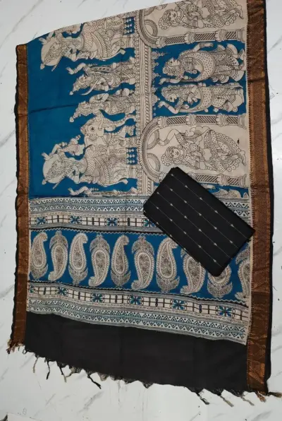 Chennuri silk nizam border kalamkari duppata TEAL BLUE
