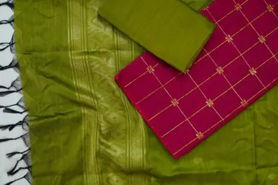 JHAMDHANI BUTTA duppata OLIVE GREEN & raw silk top and pant set