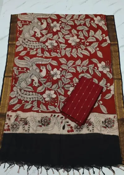 Raw silk top with chennuri silk nizam border kalamkari duppata RED