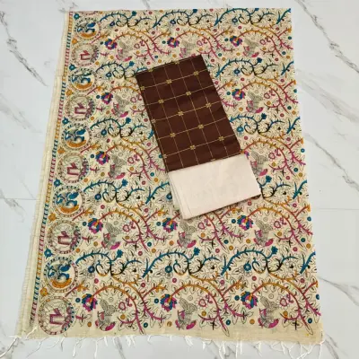 RAW SILK WITH KALAMKARI PRINTED DUPPATA - COFFEE BROWN