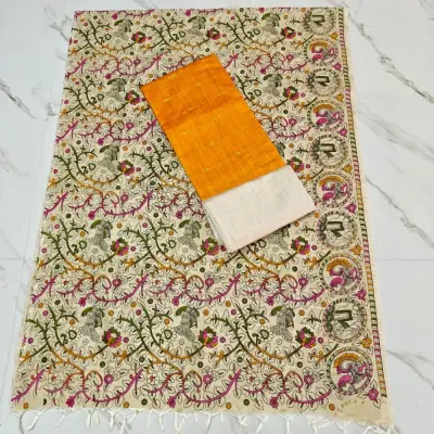 RAW SILK WITH KALAMKARI PRINTED DUPPATA - MANGO YELLOW