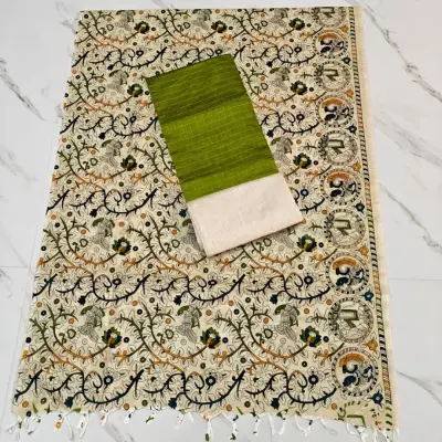 RAW SILK WITH KALAMKARI PRINTED DUPPATA - OLIVE GREEN